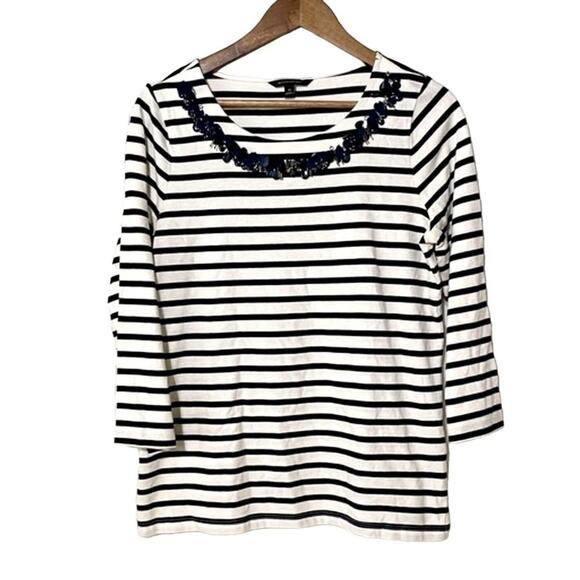 Banana Republic Shirt Medium Stripe Embellished Scoop Neckline Navy White - Picture 3 of 12